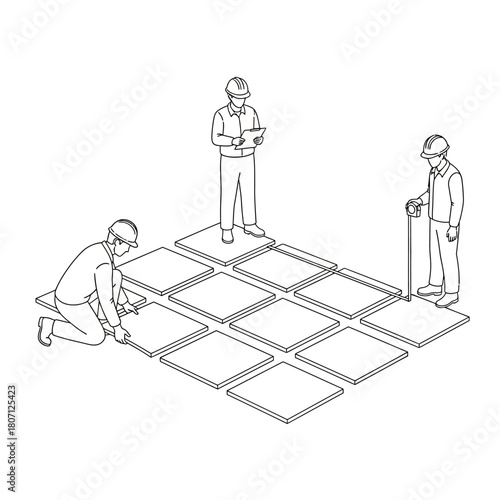 Isometric line drawing of three construction workers installing a modular floor system.