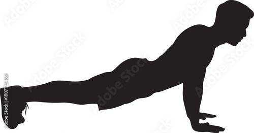 Silhouette of a man performing a push up exercise on a white background