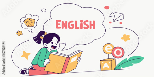 Enthusiastic young student joyfully learns English with a book, surrounded by creative learning elements, perfect for educational materials and language learning apps