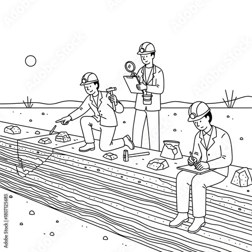 Three geologists in hard hats conduct a field study, examining rock strata in an excavated trench.