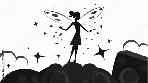 Enchanting fairy silhouette with delicate wings dancing among stars, a dreamy, whimsical design evoking fantasy and magic, perfect for children's themes