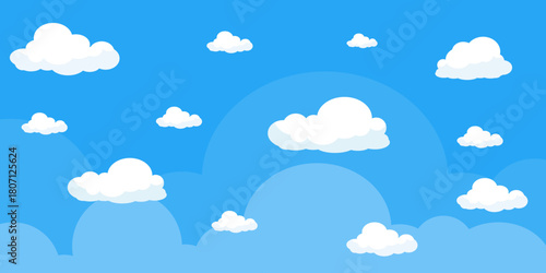Illustration of a blue sky with white clouds in a flat style. Blue sky background and white clouds. Cartoon sky