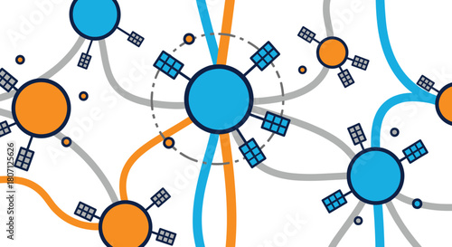 Modern seamless pattern illustrating a global network of satellites and data connections with abstract nodes and flowing lines in blue and orange.