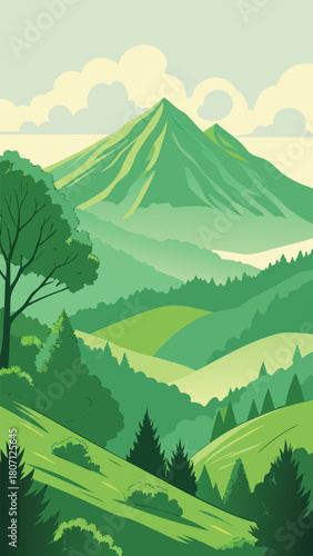 Green mountain landscape with rolling hills and trees