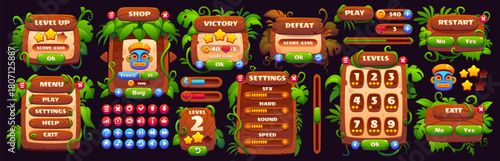 Game interface with cartoon jungle rain forest asset. Vector UI wooden board, liana vine decorations and tropical jungle buttons. Game interface shop screen panel, level selector and progress bar