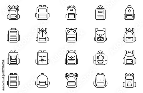 Backpack outline icon set. Collection of high quality black outline logo for web site design and mobile apps. Vector illustration on a white background.