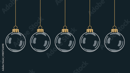 Row of five dark blue christmas ornaments hanging from gold strings isolated