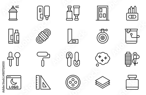Crafts outline icons set. Pencil, pen, brush, bucket paint, palette knife, roller, palette, marker and more. Linear icon collection.