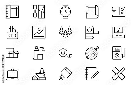 Crafts outline icons set. Pencil, pen, brush, bucket paint, palette knife, roller, palette, marker and more. Linear icon collection.