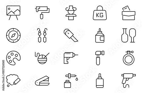 Crafts outline icons set. Pencil, pen, brush, bucket paint, palette knife, roller, palette, marker and more. Linear icon collection.