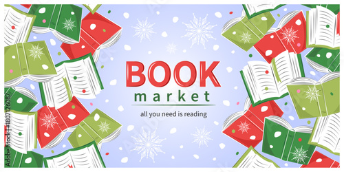 Books with winter decor, snow and snowflakes. Book market. Design background for bookstore, library, sale in bookshop. Vector illustration.