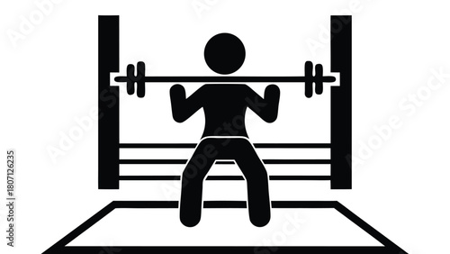 Black and White Pictogram of a Person Doing Squats in a Squat Rack in a Gym, Illustration                                                             