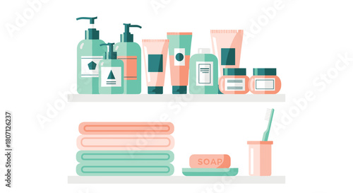Bathroom shelves organized with various skincare and hygiene products like lotions, soaps, and towels in a flat design style.