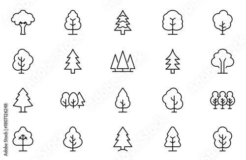 Tree and Forest Line Icon set. Modern Collection for Design, Web Sites, Apps, Cards. Contains Linear Images of Deciduous and Coniferous Trees.