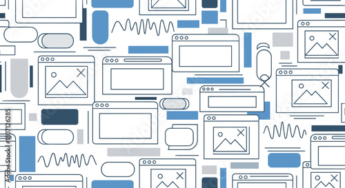 Modern seamless pattern composed of abstract user interface elements, including browser windows, buttons, and dialog boxes in cool tones.