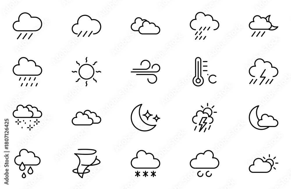 Obraz premium Weather Forecast line Icon Set. Bright and dynamic icons for accurate weather reporting, perfect for enhancing apps, websites, and digital platforms Vector icons.