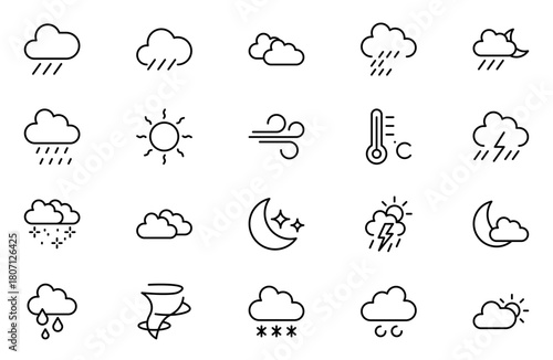 Weather Forecast line Icon Set. Bright and dynamic icons for accurate weather reporting, perfect for enhancing apps, websites, and digital platforms Vector icons.