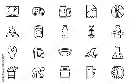 Garbage line icon set. Plastic bottles, biodegradable trash, junk truck, landfill, paper, glass, batteries, garbage disposal, trash separation line icon set. UI thin line icon pack.