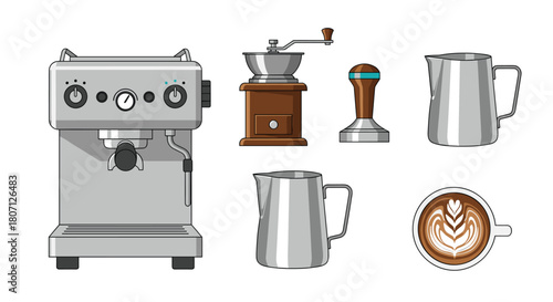 Complete set of professional barista equipment for making coffee, featuring an espresso machine, grinder, tamper, and a cup of latte art.