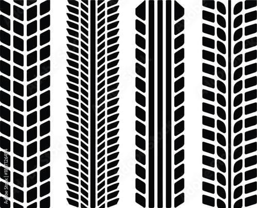 Four Distinct Tire Track Patterns Showcase Chevron and Zigzag Designs for Automotive and Transport Concepts