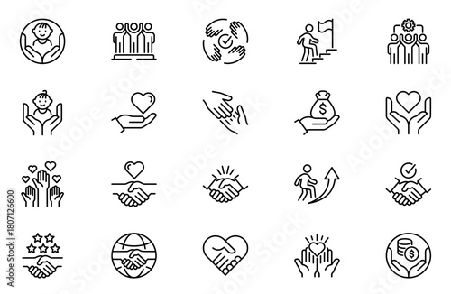 Charity line icons set, such as handshake, heart, donate, trust, volunteer and more. Vector illustration isolated on white. Editable stroke.