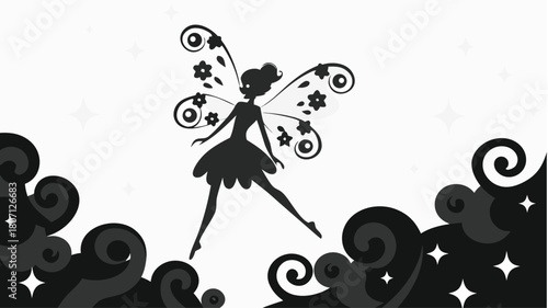 Magical fairy gracefully dancing among stardust and clouds, a whimsical design for children's books and enchanting illustrations, originally vector art