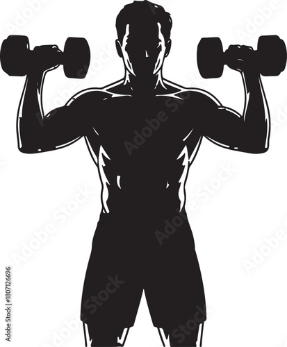 Silhouette of a muscular man lifting dumbbells in a gym
