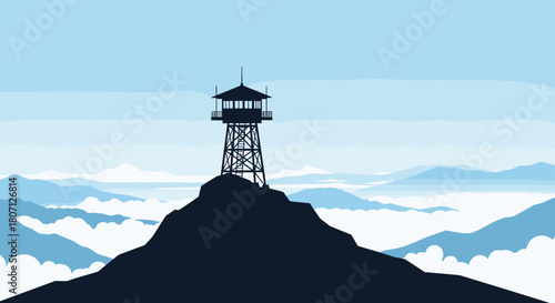 Silhouette of a fire lookout tower perched on a mountain peak, overlooking a vast landscape of misty hills and clouds.