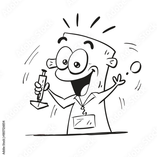 Excited Scientist Cartoon Character Holding Microscope, Isolated Black and White Line Art Vector Illustration                                         