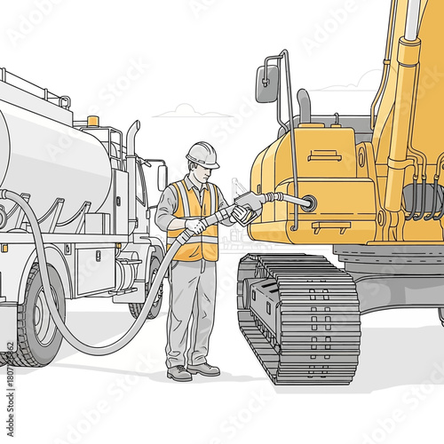 Illustration of a worker fueling heavy machinery from a tanker truck.