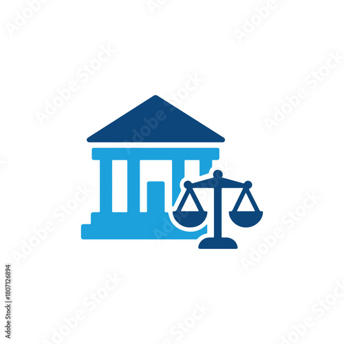 Courthouse icon with pillars and balanced justice scales representing legal services, government institutions, and judicial systems.
