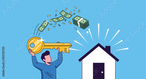 Conceptual illustration of purchasing a new home, showing a person holding a large key with money flowing towards a house.
