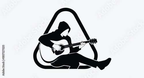 Silhouette of a person playing guitar inside a triangle.