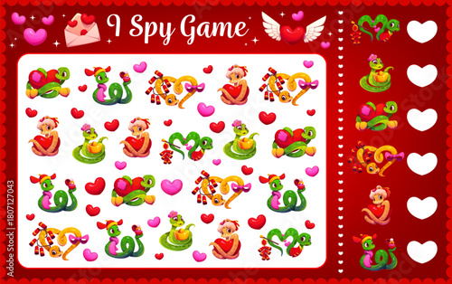 I spy game with Valentine hearts and lovely snakes. Love holiday counting vector kids game, St Valentine day object finding quiz worksheet. I spy puzzle or riddle with cute snakes cartoon characters
