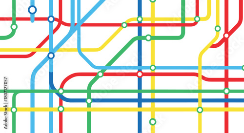 A complex, seamless pattern of an abstract city subway map with brightly colored, overlapping routes and stations on a white background.