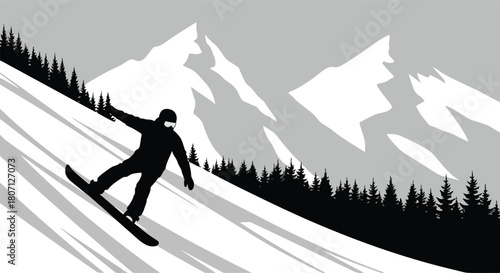 Silhouette of a snowboarder descending a snowy mountain slope.