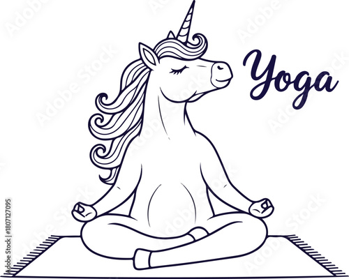Unicorn meditating in yoga pose on a mat.