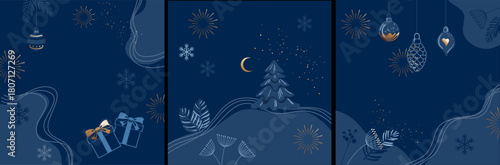 Christmas and Happy New Year banners. Set of boho style backgrounds with hand-drawn elements. Christmas night with spruce tree and moon, gifts, and toys