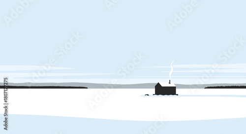 Minimalist winter landscape featuring a small, isolated cabin with smoke rising from its chimney on a vast, frozen lake or snowy field.