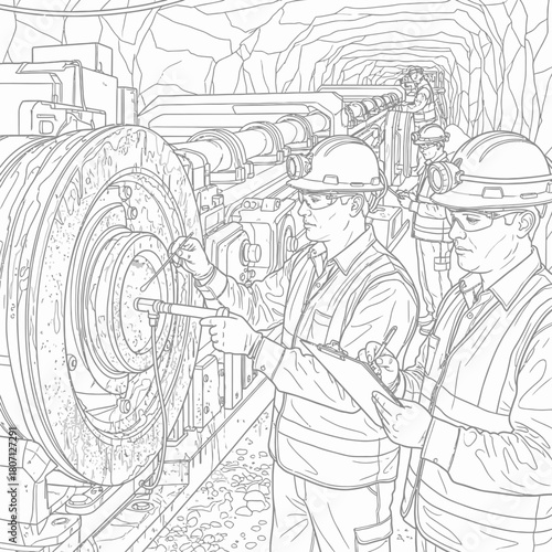 Two engineers in hard hats and safety vests inspecting heavy machinery in an underground tunnel, using calipers and taking notes.