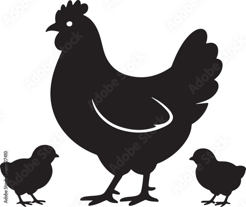 Mother hen with two baby chicks black silhouette vector icon graphic