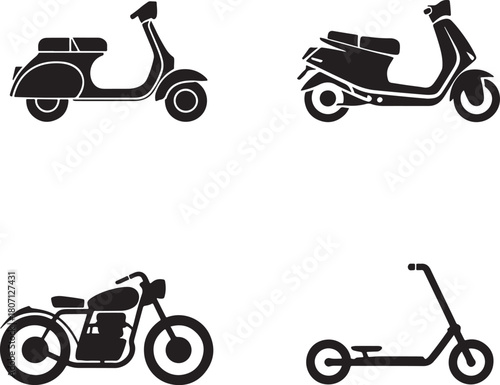 Motorcycle scooter and kick scooter icons bundle set