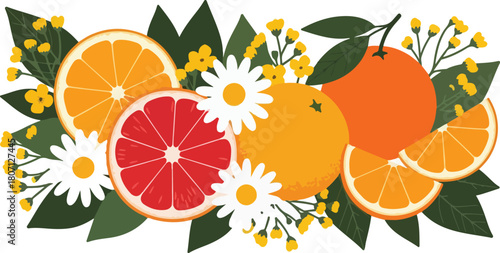 Vibrant Citrus Fruits and Flowers Arrangement.