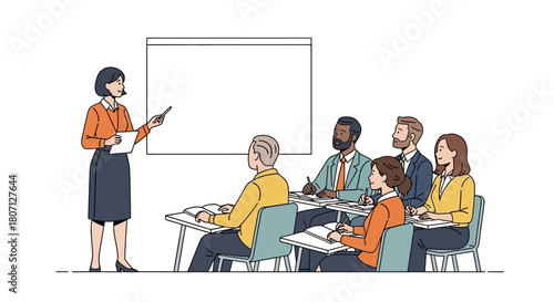 Illustration of a woman giving a presentation to a group of people in a classroom setting.