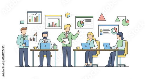 A business team is working together, analyzing data, and discussing strategies in a modern office setting.