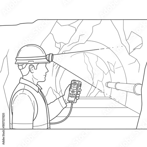 An engineer in a hard hat with a headlamp inspects a mine tunnel using a handheld device.
