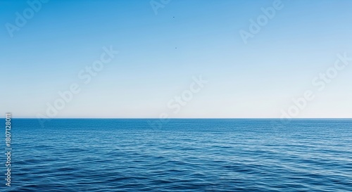 Fototapeta Naklejka Na Ścianę i Meble -  A serene and minimalist seascape featuring the calm deep blue ocean meeting a clear gradient sky at the horizon with two distant birds flying on a beautiful sunny day