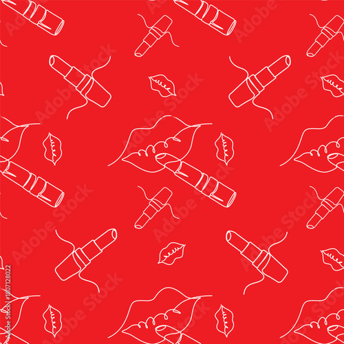 Lipstick on lips seamless pattern. Simple outline cosmetic background pattern.