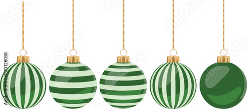 Five green christmas ornaments with striped patterns isolated on