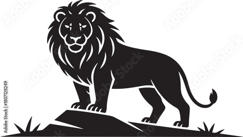 Powerful majestic lion standing on rock silhouette vector logo design